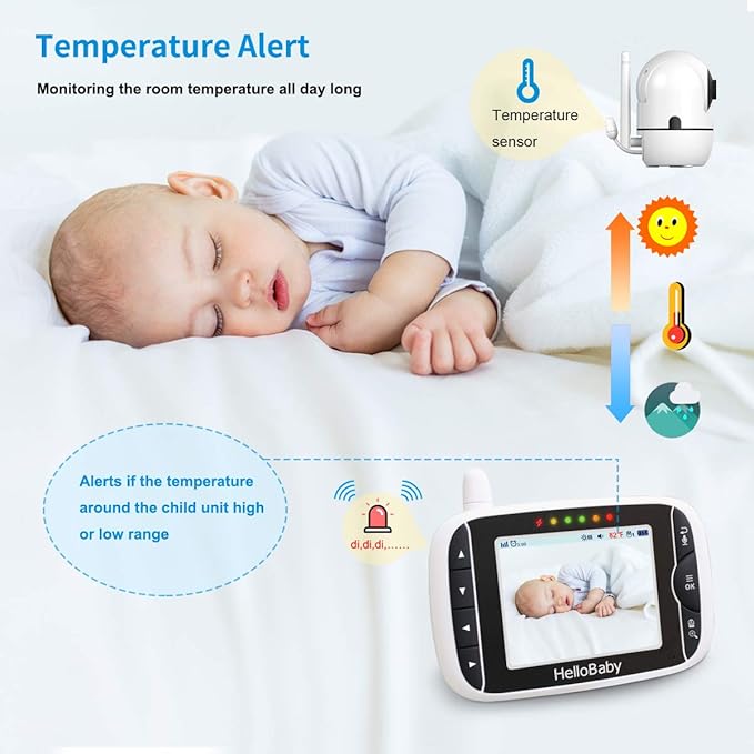 HelloBaby Video Baby Monitor with 2 Cameras and Audio. Baby Monitor with Remote Pan/Tilt/Zoom, VOX Mode, Night Vision, 2-Way Talk, 8 Lullabies-BubblyBeeBaby