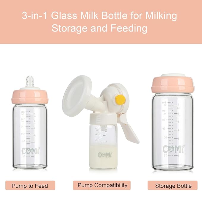 COMI Wide Neck Glass Breastmilk Collection n Storage Bottle, 8oz with Screw Ring Sealing Disk; Re-markable Sealing Disc. BPA Free, Fits Breast Pumps & Nipples (2 Pink Lids)-BubblyBeeBaby