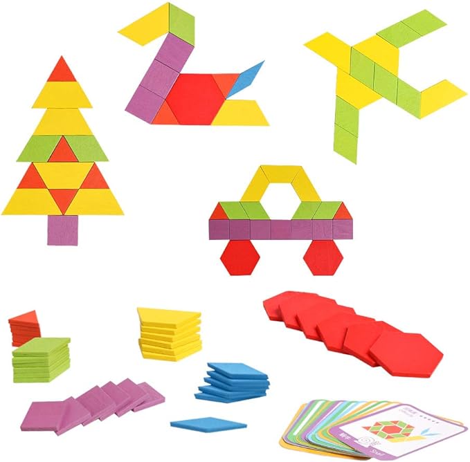 JCREN Wooden Pattern Blocks Montessori Toys Shape Puzzles Kindergarten Classic Educational Tangram Geometric Brain Teaser Toys Best STEM for Kids Ages 4-8 with 24 Pcs Design Cards-BubblyBeeBaby