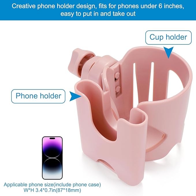 Accmor Universal Cup Holder, Stroller Cup Holder with Phone Holder, 360° Rotatable Large Caliber Designed Bottle Holder for Stroller, Bike, Wheelchair, Walker, Scooter-BubblyBeeBaby