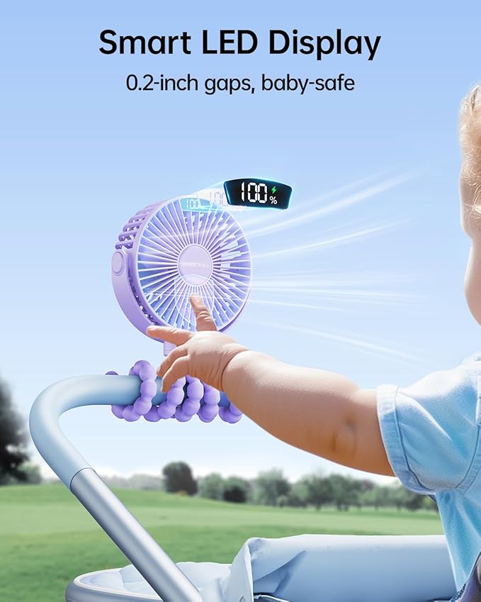 SWEETFULL Portable Stroller Fan with Display 4000mAh Battery Powered Mini Clip On Fan, 4-Speed Rechargeable Small Personal Cooling for Baby Car Seat Crib Travel - Purple-BubblyBeeBaby