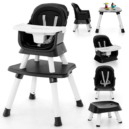 HONEY JOY 8 in 1 Baby High Chair, Convertible Highchair for Babies and Toddlers/Table and Chair Set/Building Block Table/Booster Seat/Stool/Toddler Chair with Safety Harness (Black)-BubblyBeeBaby