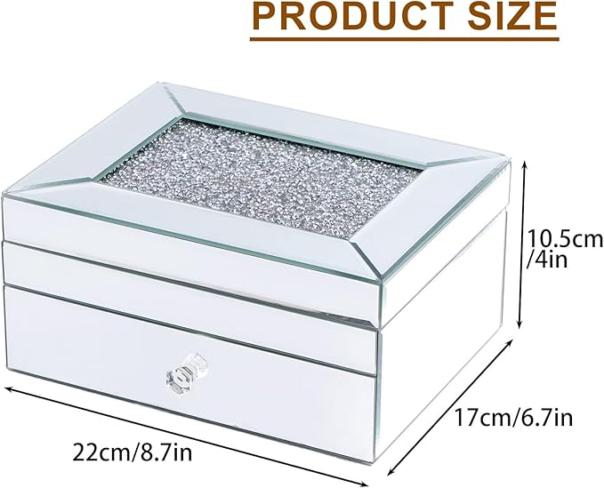 2 Layer Mirror Glass Jewelry Box with Crushed Diamond Decor, Velvet-Lined Trinket Organizer for Rings Earrings Necklaces Bracelets - Elegant Treasure Chest Storage Case for Women Girls-BubblyBeeBaby