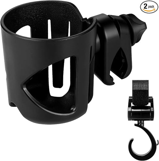 Accmor Universal Cup Holder with Hook, Stroller Cup Holder, 360° Rotatable Large Caliber Designed Bottle Holder for Stroller, Bike, Wheelchair, Walker, Scooter, Black-BubblyBeeBaby