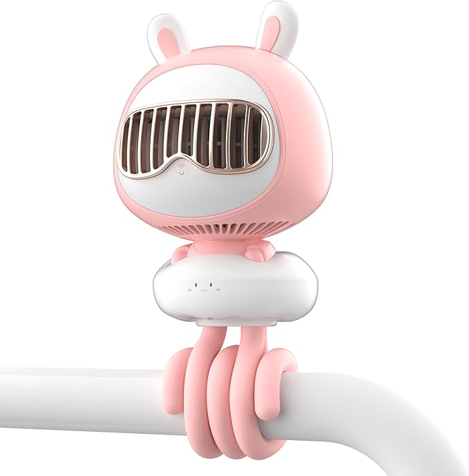 Cute Bunny Stroller Fan Clip On for Baby, Bladeless Fan 4000mAh Rechargeable Battery Operated, Flexible Tripod, 4 Speeds, Auto Oscillating, Small Cooling Fan for Kids-BubblyBeeBaby