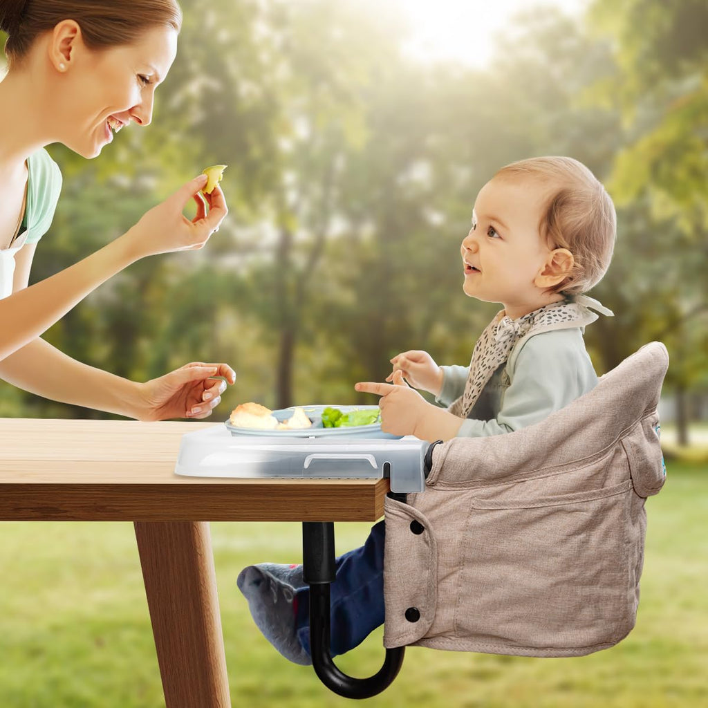 Hook On Chair with Removable Dining Tray,Portable Hook-On Chairs with Storage Bag, for Home and Travel(Khaki)