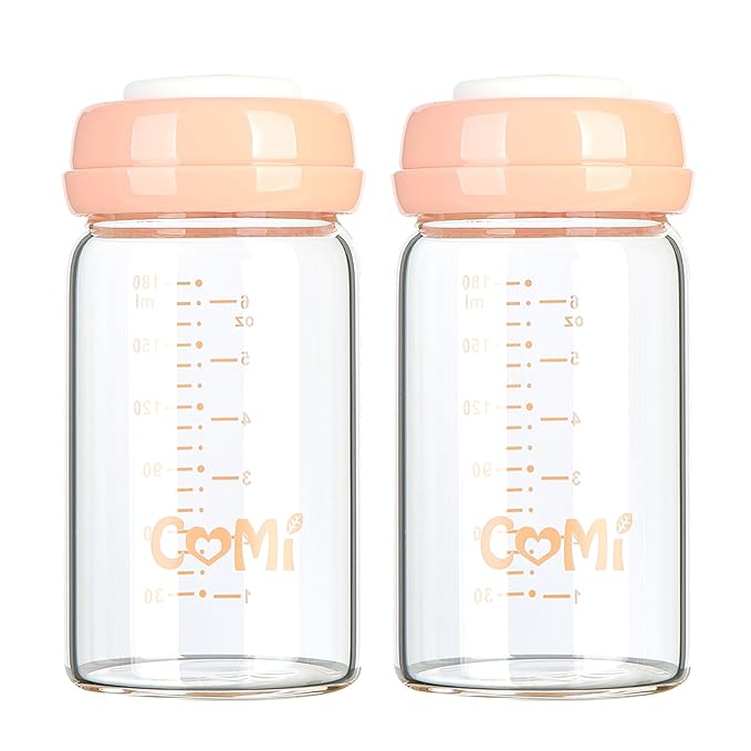COMI Wide Neck Glass Breastmilk Collection n Storage Bottle, 6oz with Screw Ring Sealing Disk; Re-markable Sealing Disc. BPA Free, Fits Breast Pumps & Nipples (2 Pack Pink Lids)-BubblyBeeBaby