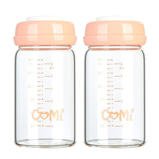 COMI Wide Neck Glass Breastmilk Collection n Storage Bottle, 6oz with Screw Ring Sealing Disk; Re-markable Sealing Disc. BPA Free, Fits Breast Pumps & Nipples (2 Pack Pink Lids)-BubblyBeeBaby