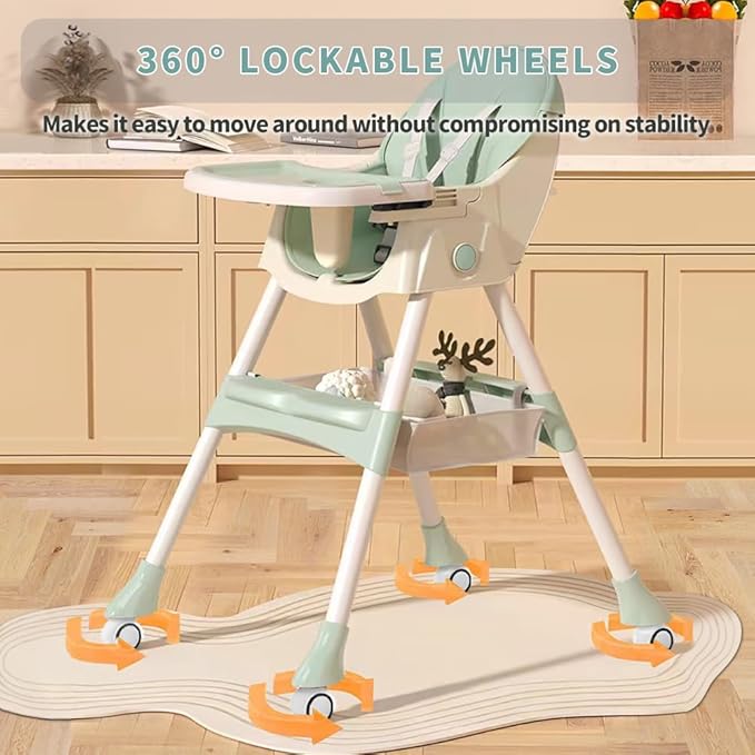 High Chairs for Babies and Toddlers, 4 in 1 Convertible Baby High Chair, Portable High Chair for Travel with Adjustable Height and Back, Foldable HighChair with Wheels& Pu Cushion (Green)-BubblyBeeBaby