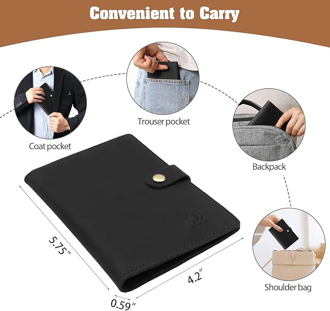 Jack&Chris Genuine Leather Passport Holder for Travel, RFID Blocking Handmade Passport Holder with Card Case Organized & Safe, Quality Travel Essentials for Women and Men for Gifting, Black-BubblyBeeBaby
