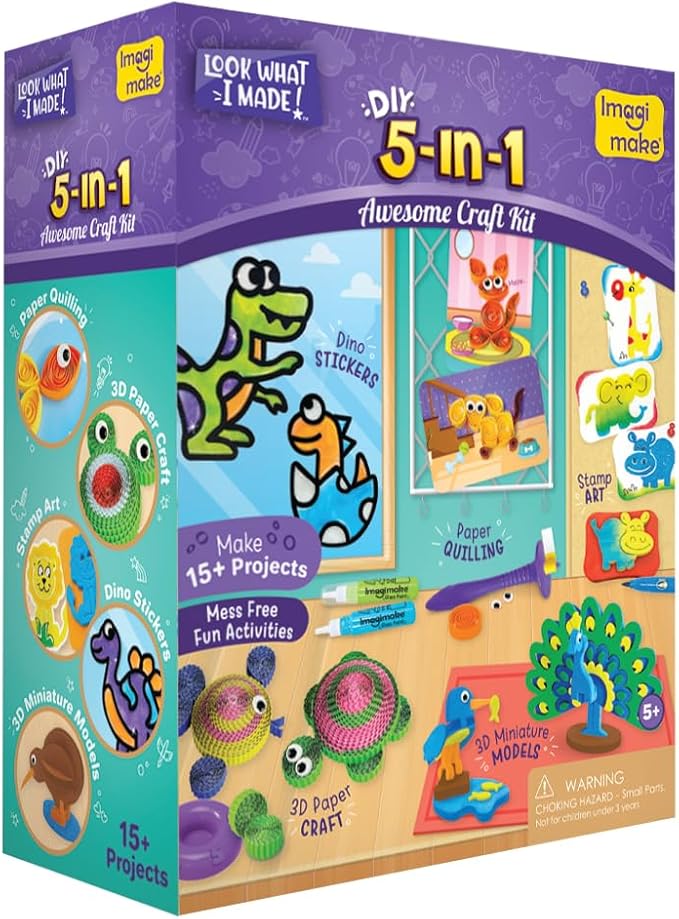 Imagimake 5 in 1 Awesome Craft Kit | Over 15 Projects - Creative DIY Arts & Crafts, Craft Kit for Kids | Gifts for 5 6 7 8 9 10 11 12 Years Old Girls & Boys | Arts and Crafts for Kids Ages 6-8 & 8-12-BubblyBeeBaby