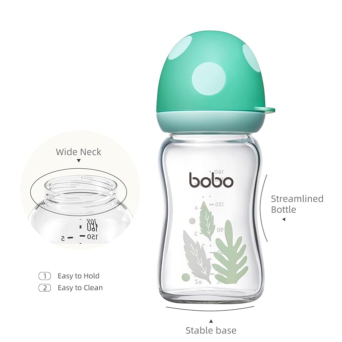 YOHKOH Natural Glass Baby Bottle with Natural Response Nipple, Newborn Anti-Colic Baby Bottles, Wide Neck Mushroom Cap Baby Bottle, Clear ((5.4oz (Pack of 2), Blue-A)-BubblyBeeBaby