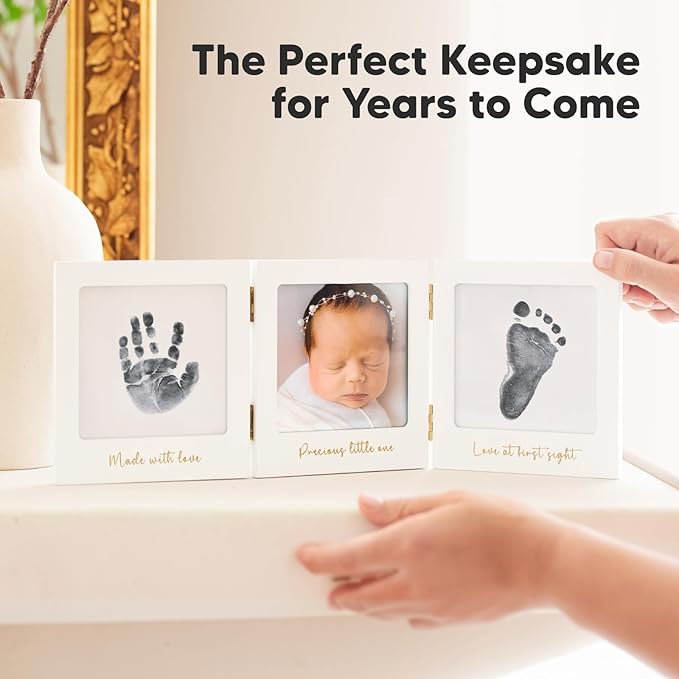 Inkless Baby Handprint and Footprint Kit for Newborn - Baby Footprint Kit,Newborn Keepsake Nursery Picture Frame,Dog Paw Print Maker,Personalized Gifts for New Mom,Showers & Registry(White/Gold)-BubblyBeeBaby