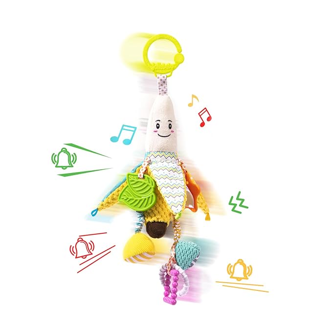 Jollybaby Stroller Rattle Toys for Car Seat Parm, Fruit Plush Hanging Infant Crib Bed Travel Activity Ring Bell with Crinkle, Squeaky & Teether for Boys Girls(Banana)-BubblyBeeBaby