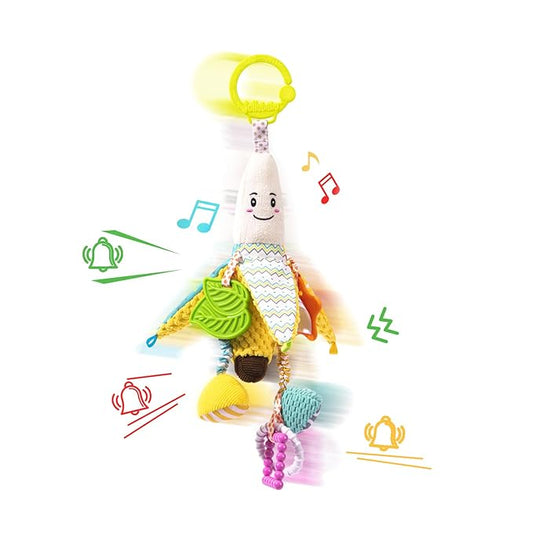 Jollybaby Stroller Rattle Toys for Car Seat Parm, Fruit Plush Hanging Infant Crib Bed Travel Activity Ring Bell with Crinkle, Squeaky & Teether for Boys Girls(Banana)-BubblyBeeBaby