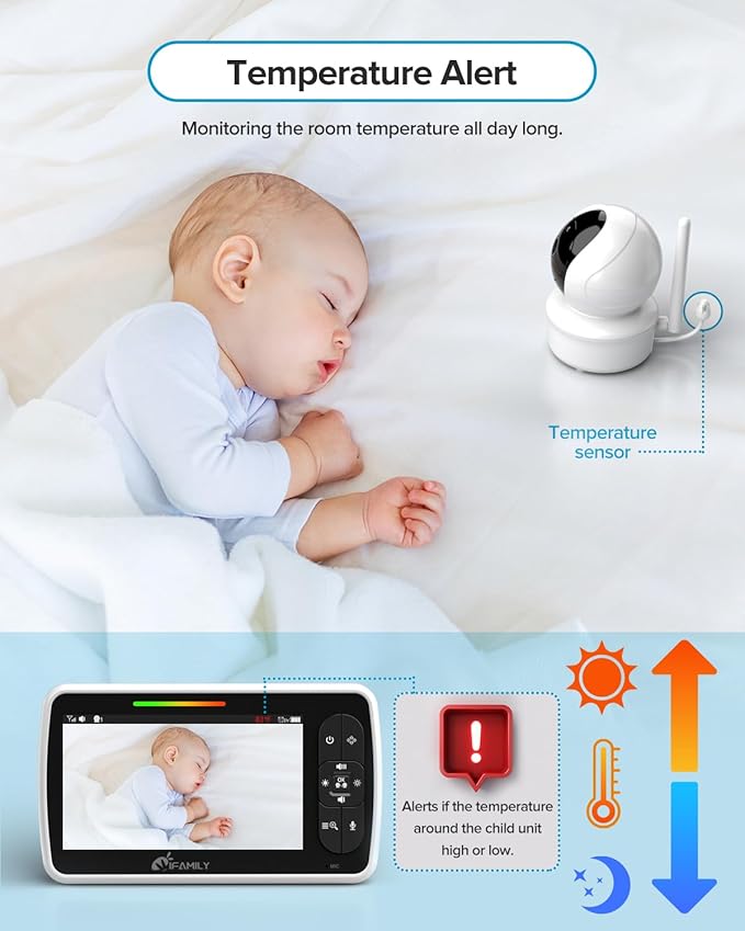 iFamily Baby Monitor with 2 Cameras | Remote Pan-Tilt-Zoom Video Baby Monitor with Camera and Audio, 5” Large Display, Night Vision, Temperature Display, Lullaby, 2 Way Audio & 960ft Range-BubblyBeeBaby