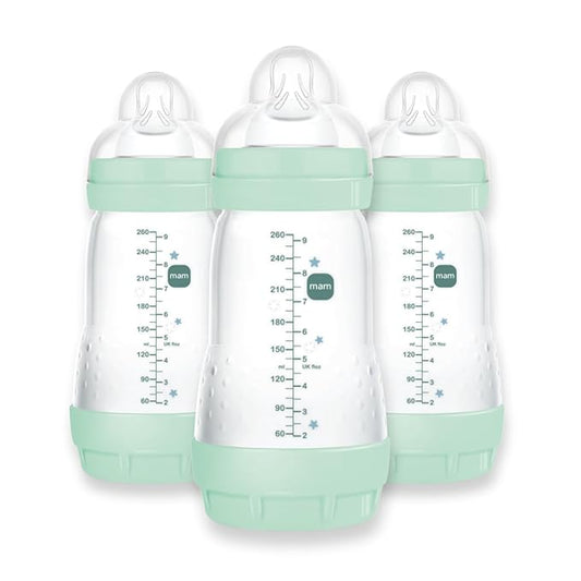 MAM 9oz Easy Start Anti-Colic Baby Bottles, Medium Flow, Breastfeeding-Like Silicone Nipple, Reduces Colic, Gas, & Reflux, Easy-to-Clean, BPA-Free, Baby Bottles for Newborns, 2+ Months-BubblyBeeBaby