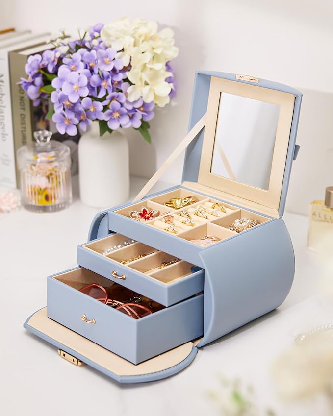 Homde Girls Jewelry Box Jewelry Storage Case Organizer Faux Leather with Mirror for Rings, Earrings, Bracelets, Necklaces (Grey Blue)-BubblyBeeBaby