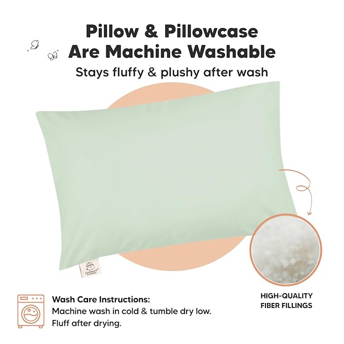 KeaBabies Toddler Pillow with Pillowcase, Jumbo 14X20 - Soft Organic Cotton Toddler Pillows for Sleeping - Machine Washable - Perfect for Travel, Toddler Bed Set (Sage)-BubblyBeeBaby