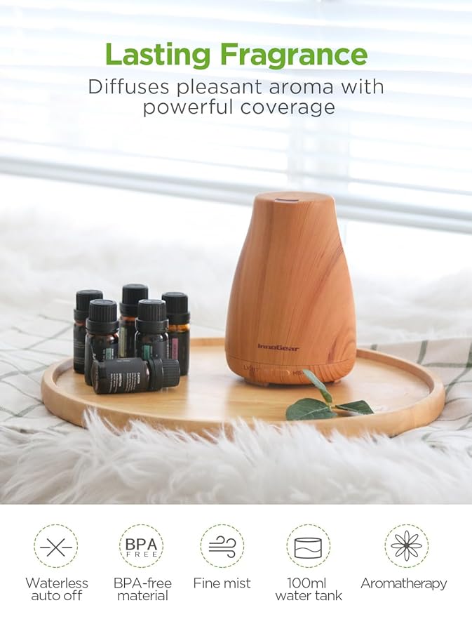 InnoGear Essential Oil Diffuser with Oils, 100ml Aromatherapy Diffuser with 6 Essential Oils Set, Aroma Cool Mist Humidifier Gift Set, Yellow Wood Grain-BubblyBeeBaby