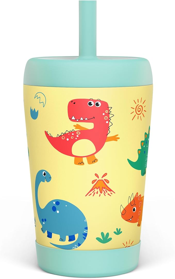 Kid Insulated Stainless Steel Tumbler with Silicone Straw, 12oz Sippy Cup for Kids (Playful Dinosaurs)-BubblyBeeBaby