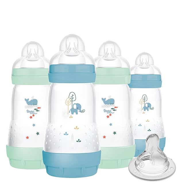MAM 9oz Easy Start Anti-Colic Baby Bottles, Medium Flow with Bonus Fast Flow Nipple, Breastfeeding-Like Silicone, Reduces Colic and Gas, Easy-to-Clean, BPA-Free, 2 Plus Months-BubblyBeeBaby
