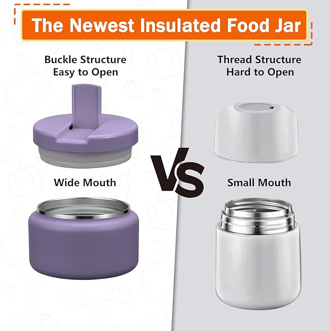 13.5oz Kids Thermos for Hot Food, Insulated Vacuum Food Jar with Buckle Lid, Stainless Steel Wide Mouth Leak Proof Insulated Lunch Container for School Picnic Travel,Purple-BubblyBeeBaby