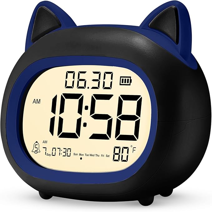 Kids Alarm Clock with Night Light for Kids, Small Digital Alarm Clocks for Bedrooms, Routine Builder, Cute Cat Alarm Clock with Sleep Training, Snooze, 12/24H, Date & Day, Temperature, USB Port-BubblyBeeBaby