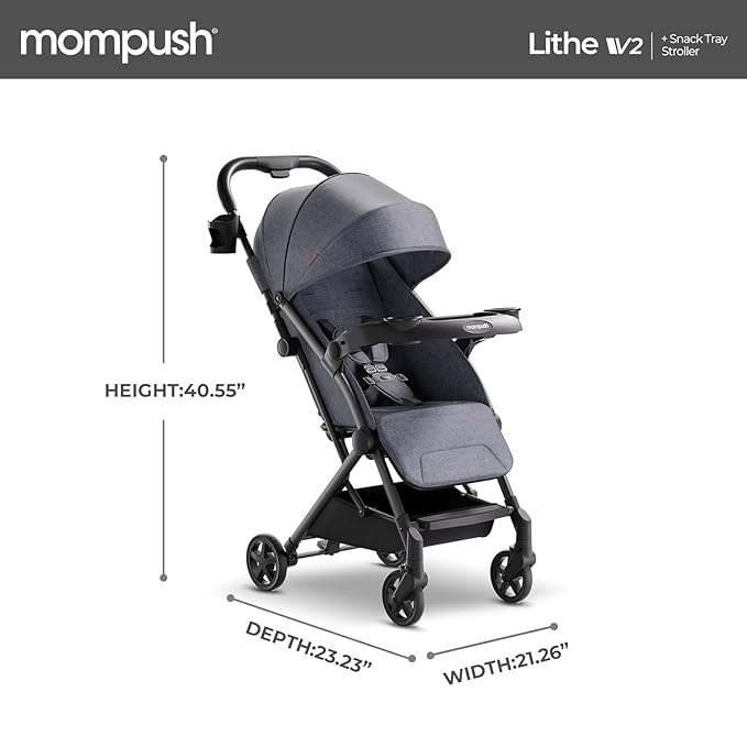 Mompush Lithe V2 Lightweight Travel Stroller, Compact Foldable Baby Stroller with Travel Bag, One-Hand Fold Stroller, Snack Tray, Mechanical Recline Seat, Airplane-Ready, Organizer & Rain Cover-BubblyBeeBaby