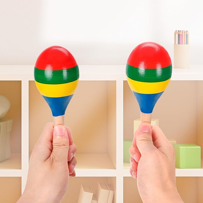 2 Pcs Maracas, Hand Percussion Rattles for Kids, Wooden Rumba Shaker Hand Musical Instruments with Clear Rhythm for Kids Adults Playing (Colorful)-BubblyBeeBaby