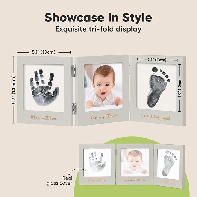 Inkless Baby Handprint and Footprint Kit for Newborn - Baby Footprint Kit, Newborn Keepsake Nursery Picture Frame,Dog Paw Print Maker,Personalized Gifts for New Mom,Showers & Registry(Cloud Gray/Gold)-BubblyBeeBaby