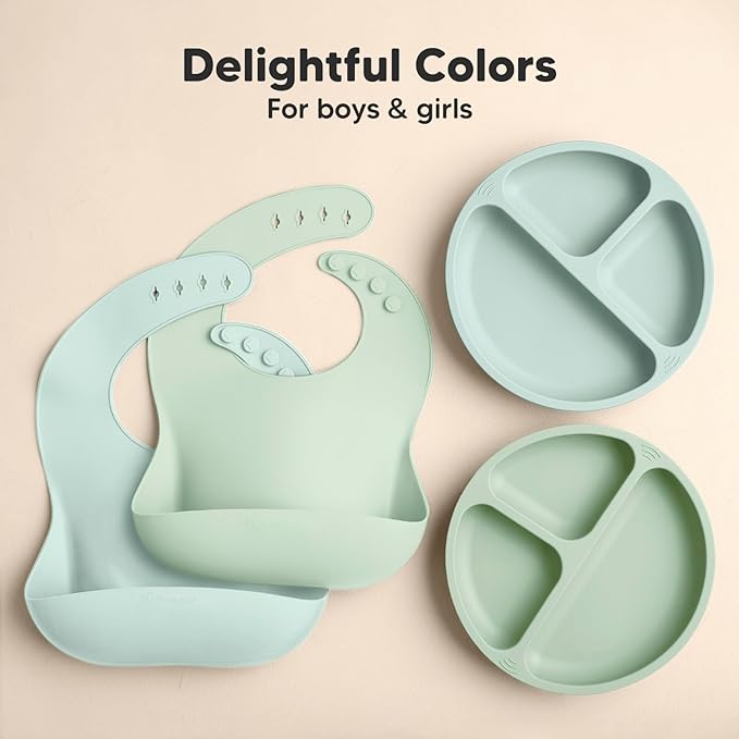 KeaBabies 2-Pack Silicone Baby Bibs for Eating - Sturdy Food-Grade Silicone Bibs for Babies Girl, Boy, Large Food Catcher, Clean & Put On Easily, Waterproof Toddler Feeding Essentials(Pastel Sky)-BubblyBeeBaby