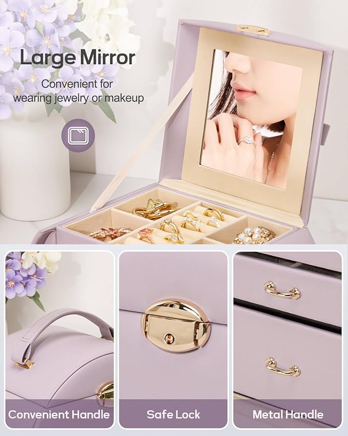 Homde Girls Jewelry Box Jewelry Storage Case Organizer Faux Leather with Mirror for Rings, Earrings, Bracelets, Necklaces (Grey Purple)-BubblyBeeBaby