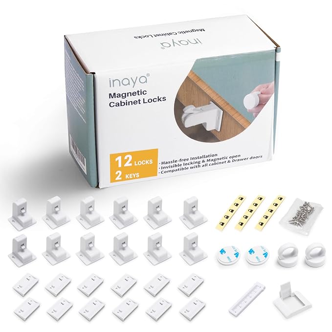 Inaya Magnetic Cabinet Locks Baby Proofing, 12 Locks & 2 Keys, Child Proof Magnet Locks for Cabinet Drawers with Invisible Design, 3M Adhesive for Easy Installation - No Drill & Tools Needed-BubblyBeeBaby