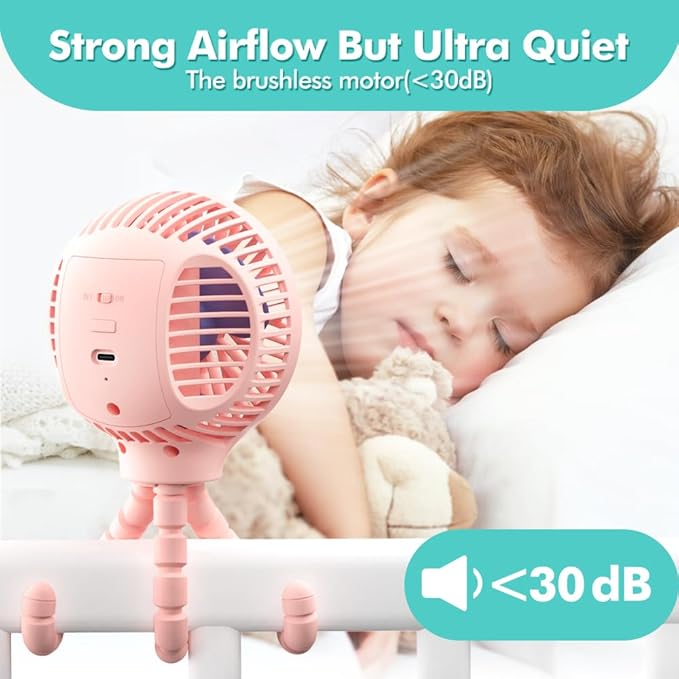 HomeLifairy Portable Stroller Fan, USB or Rechargeable Battery Operated with 3 Speeds and 360°Rotate, Cooling Clip On for Baby Crib Travel Car Seat Pink-BubblyBeeBaby