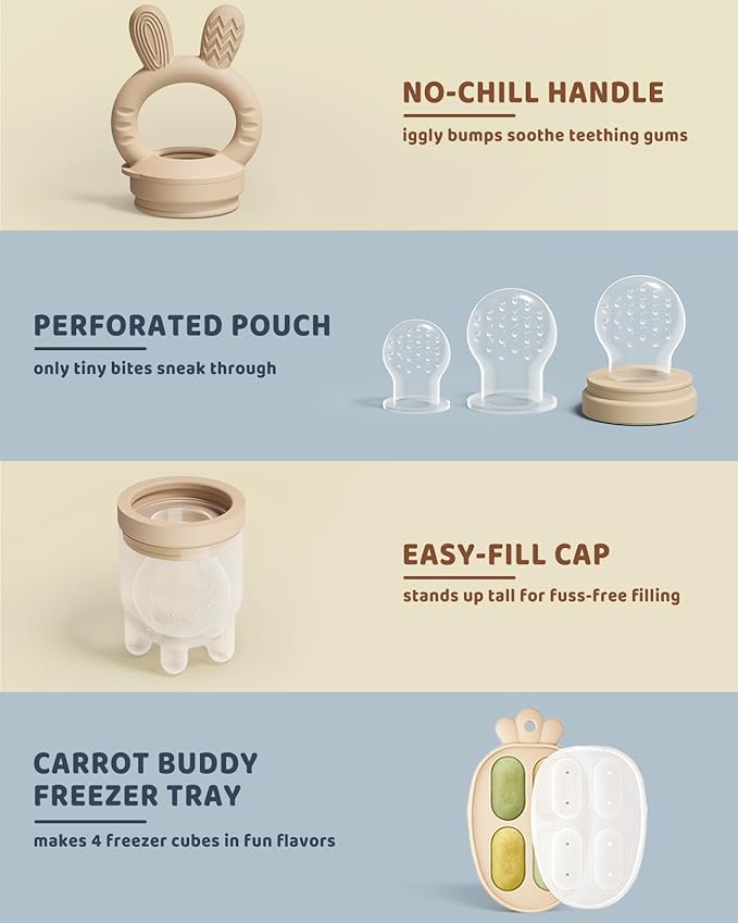 2 Packs Baby Fruit Feeder & Freezer Nibble Tray Combo, Push Pop Baby Food Feeder to Safely Introduce New Foods, Fresh & Frozen Food Silicone Feeder, 100% Food Grade, BPA Free (Caramel & Blue)-BubblyBeeBaby