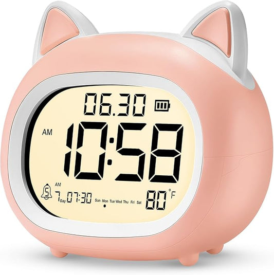 Kids Alarm Clock with Night Light for Kids, Small Digital Alarm Clocks for Bedrooms, Routine Builder, Cute Cat Alarm Clock with Sleep Training, Snooze, 12/24H, Date & Day, Temperature, USB Port-BubblyBeeBaby