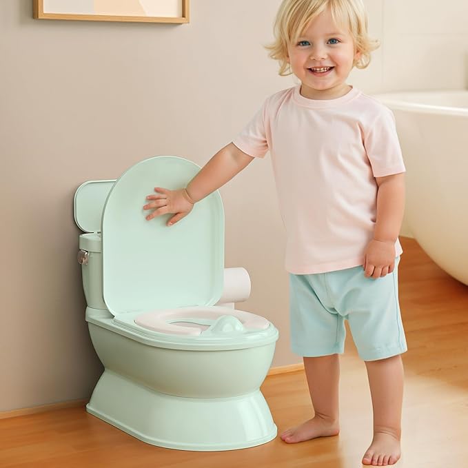 2-in-1 Toddler Potty Training Toilet - Larger Potty Chair & Detachable Training Seat for Boys & Girls Ages 1-3 with Flushing Sound, Wipes Storage, Toilet Paper Holder-BubblyBeeBaby