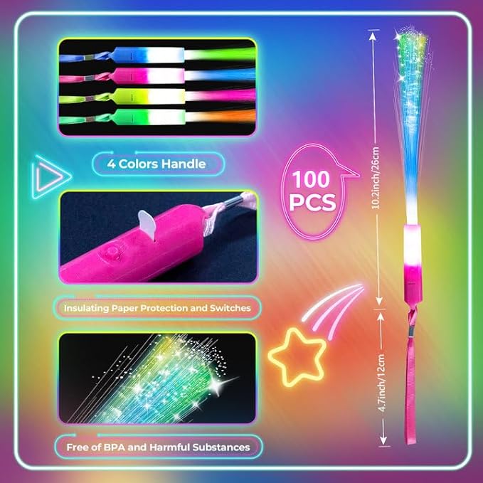 100 PCS Glow Fiber Wands Sticks,LED Light Wands,Glow in The Dark Party Supplies,Fiber Optic Wands,LED Flashing Sticks,Fiber Optic Light Wand Stick for Party,Wedding,New Year Party Favors-BubblyBeeBaby