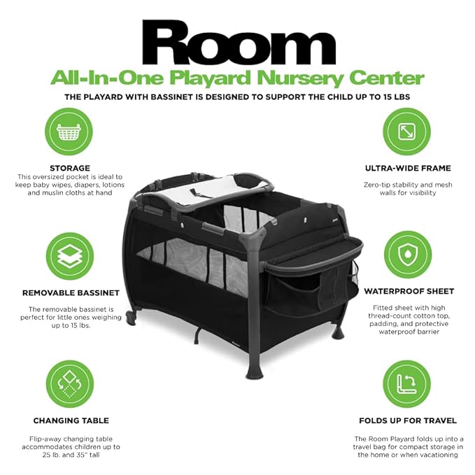 Joovy Room-Playard, Nursery Center, Bassinet, Changing-Table, Black-BubblyBeeBaby
