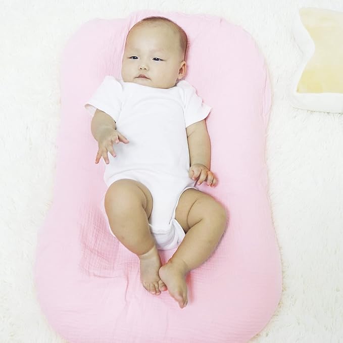 Hooyax Muslin Baby Lounger Cover Soft Organic Cotton Slipcover Fits Newborn Lounger for Baby Boys and Girls (Pink)-BubblyBeeBaby