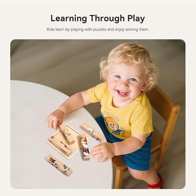 IEATFO 4 in 1 Wooden Animal Chunky Puzzle, 5 Solid Wood Puzzle Blocks with 4 Sides Realistic Forest Animals, Wooden Block Puzzle with Durable Base for Toddlers 3+ Years - Montessori Inspired-BubblyBeeBaby