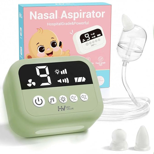 HEYVALUE Nasal Aspirator for Baby, Hospital Grade Nose Sucker with 9 Levels Suction, Night Light and Nursery Rhyme Soothing, Electric Nose Suction for Baby with Food-Grade Silicone Tips Green-BubblyBeeBaby