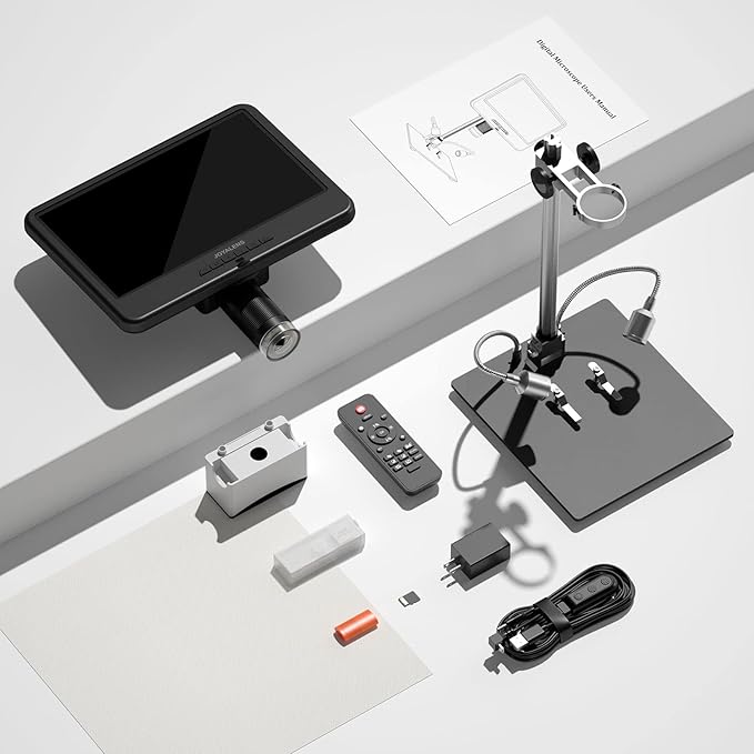 JL210 10.1'' Digital Microscope for Adults, Coin Magnifier Microscopes Full View for Error Coins, Soldering Electronics Microscopes Camera, 8 LED, 12.6" Metal Stand, PC View, 32GB-BubblyBeeBaby