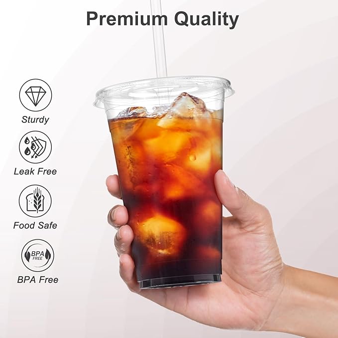 100 Pack - 24 oz Clear Plastic Cups with Lids and Straws, Sturdy & Food Safe Iced Coffee Cups with lids, Disposable Plastic Smoothie Cups for Cold Drinks-BubblyBeeBaby