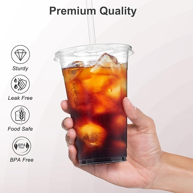 100 Pack - 20 oz Clear Plastic Cups with Lids and Straws, Sturdy & Food Safe Iced Coffee Cups with lids, Disposable Plastic Smoothie Cups for Cold Drinks-BubblyBeeBaby