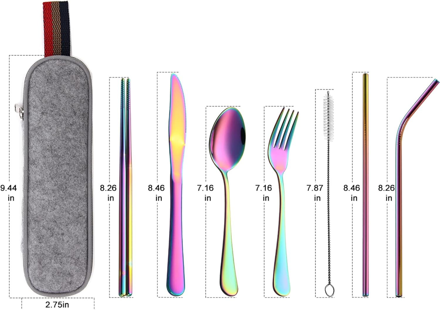 DEVICO Portable Utensils, Travel Camping Cutlery Set, 8-Piece including Knife Fork Spoon Chopsticks Cleaning Brush Straws Portable Case, Stainless Steel Flatware set (Rainbow)