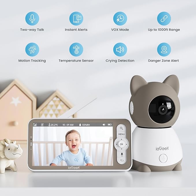 ieGeek Baby Monitor with 2K Camera and Audio - Video Monitor with 5" Screen - Night Vision, Two-Way Talk, Cry & Motion Detection, Temper& Humidity Sensor, PTZ, Remote Control via Screen and Free APP-BubblyBeeBaby