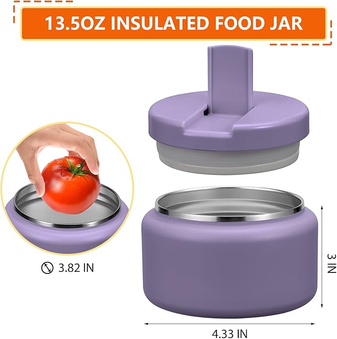 13.5oz Kids Thermos for Hot Food, Insulated Vacuum Food Jar with Buckle Lid, Stainless Steel Wide Mouth Leak Proof Insulated Lunch Container for School Picnic Travel,Purple-BubblyBeeBaby