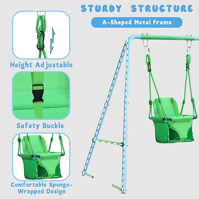 2-in-1 Toddler Swing Set with Metal Stand, Safety Belt & 4 Anchors - A-Frame Swing for Kids 6 Months+ (Blue, Indoor/Outdoor Backyard Playground)-BubblyBeeBaby
